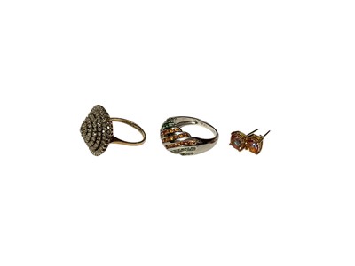 Lot 79 - 9ct gold diamond tiered cluster ring, 9ct white gold multi-gem set bombé style ring and pair of 9ct gold gem set stud earrings