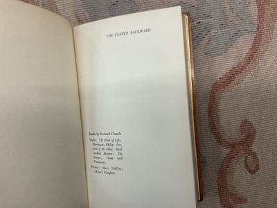 Lot 1694 - Richard Church - The Glance Backwards, illustrated by Robert Austin, edition limited to 750, in fine Sangorski and Sutcliffe binding, appears to be signed by Richard Church, together with Wheels...