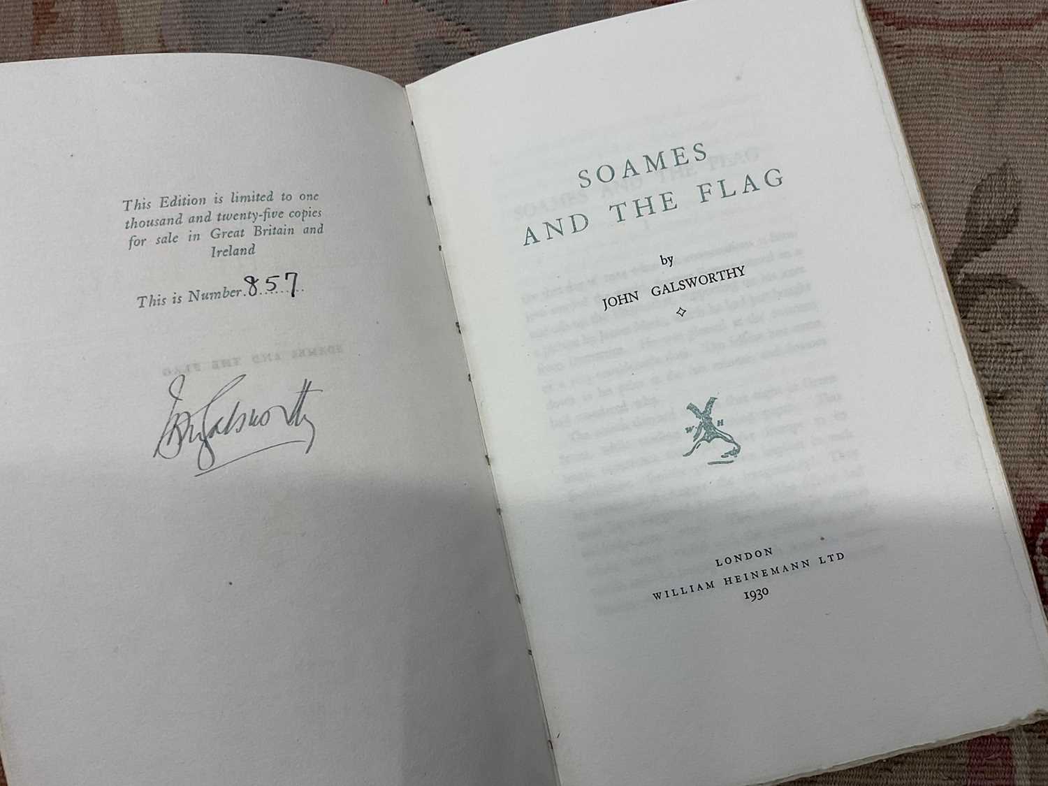 Lot 1692 - John Galsworthy - Soames and the Flag, signed limited edition, limited to 1025 copies, 1930, together with Stella Benson - Christmas Formula, illustrated by Clare Leighton, signed and numbered f...