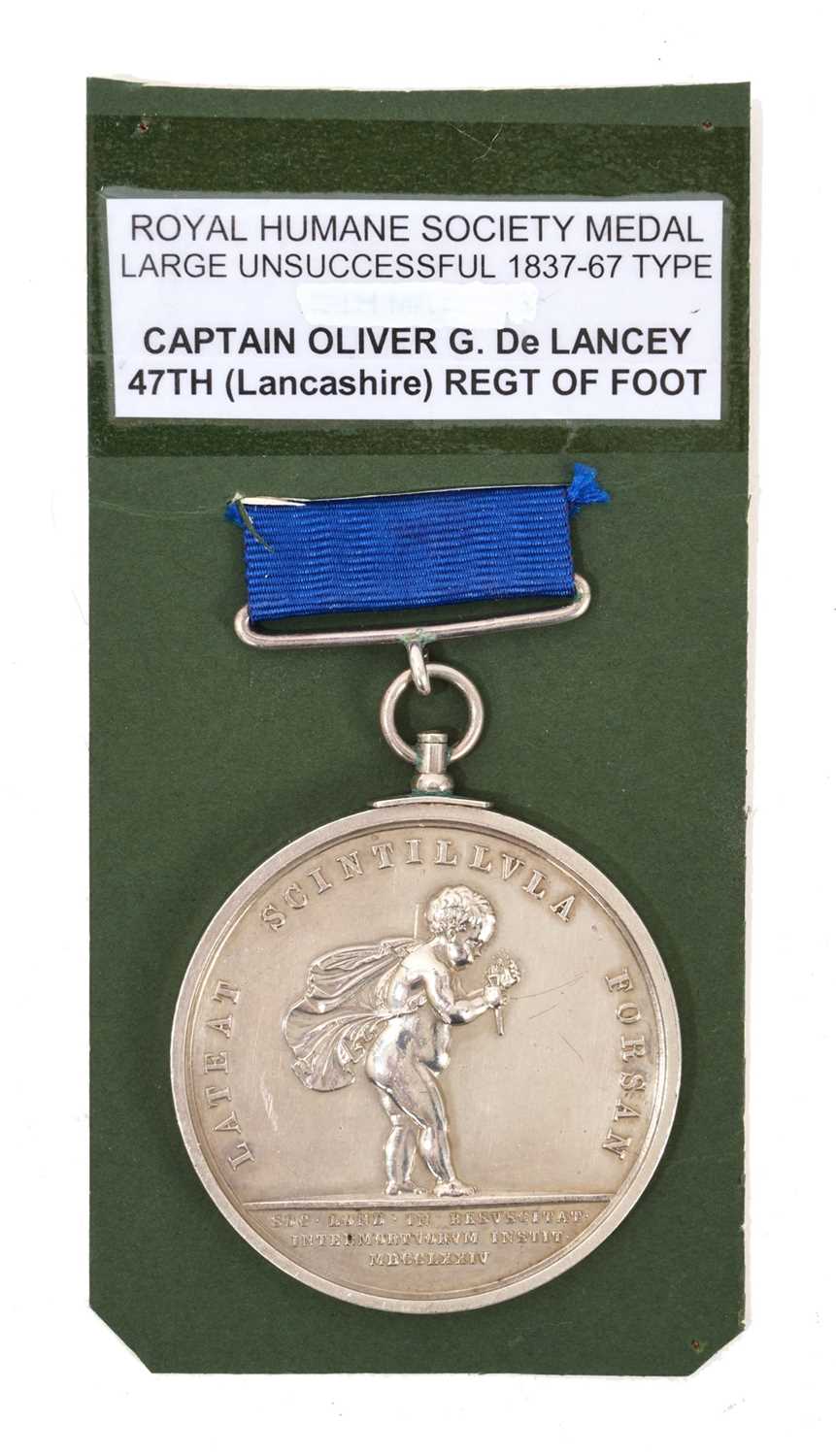 Lot 10 - Victorian Royal Humane Society Medal (1837 - 67 unsuccessful type), GEF, named to Lieut. Oliver G. De Lancey 47th Regt. Vit. Peric Expos. D. D. S OC. REG. HVM. 27 May 1857 N.B. Captain O...