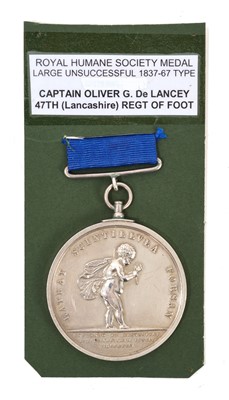 Lot 10 - Victorian Royal Humane Society Medal (1837 - 67 unsuccessful type), GEF, named to Lieut. Oliver G. De Lancey 47th Regt. Vit. Peric Expos. D. D. S OC. REG. HVM. 27 May 1857 N.B. Captain O...