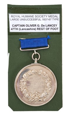 Lot 10 - Victorian Royal Humane Society Medal (1837 - 67 unsuccessful type), GEF, named to Lieut. Oliver G. De Lancey 47th Regt. Vit. Peric Expos. D. D. S OC. REG. HVM. 27 May 1857 N.B. Captain O...
