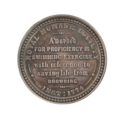 Lot 13 - Edwardian Royal Humane Society Silver Swimming Proficiency medal (54mm), EF, named to George Holms, training ship Wellestery, 1904. In Elkington & Co box of issue. Provenance: Property...