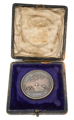 Lot 13 - Edwardian Royal Humane Society Silver Swimming Proficiency medal (54mm), EF, named to George Holms, training ship Wellestery, 1904. In Elkington & Co box of issue. Provenance: Property...