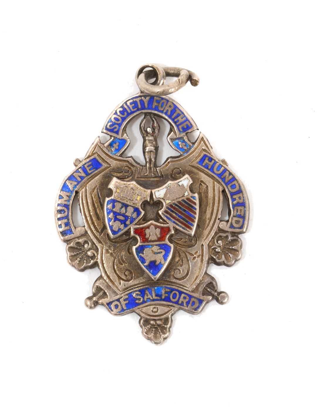 Lot 14 - Edwardian Humane Society for the Hundred of Salford silver and enamel fob / special proficiency medal, VF, engraved C. R. V. Haynes 1905, (Birmingham 1905), maker J C, in box of issue from W. Ba...