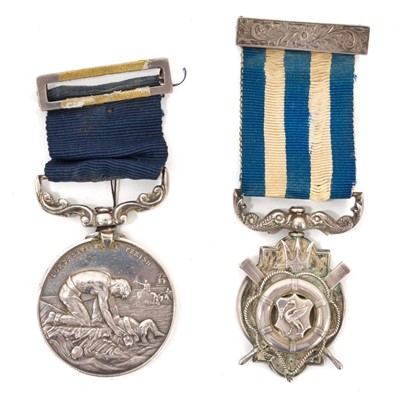 Lot 17 - Family pair to Father and Son comprising- Liverpool Shipwreck and Humane Society's Marine medal, (silver issue), EF, named to William L. Alcock. For Gallant Service. 3/9/1947 and Liverpool Shipw...