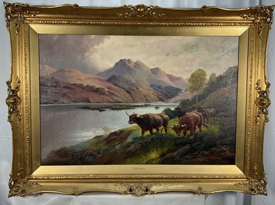 Lot 32 - H. R. Hall (act.c.1875-c.1902) 19th century oil on canvas, Highland Cattle, 49.5cm x 75cm, in gilt frame