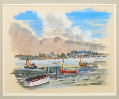 Lot 1113 - Joan Warburton (1920-1996) pastel on paper - ‘The River Deben’, initialled and dated ‘48, 33cm x 41cm, in glazed frame