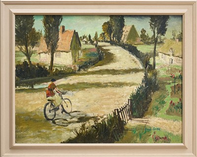 Lot 1221 - Paul Earee (1888-1968) oil on board, ‘Cycling Through a Suffolk Village’, circa 1944, signed, wood scene verso, 42cm x 55cm, framed