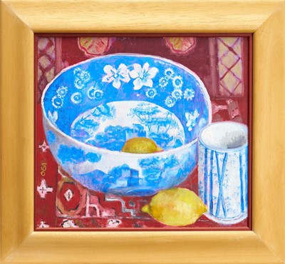 Lot 1228 - Olga Awty (1928-2014) oil on board, ‘Still Life with Spode blue ‘Tower’ bowl and lemons’, signed verso with address and title ‘Lemons’. Awty was a student at The Slade graduating in 1949. She ha...