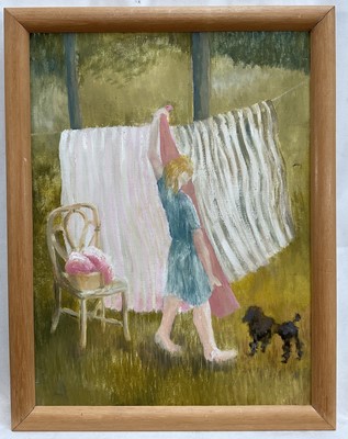 Lot 1230 - Olga Awty (1928-2014) oil on canvas, ‘Washing Day’, signed with initials