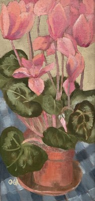 Lot 1229 - Olga Awty (1928-2014) oil on panel - ‘Cyclamen’, signed with initials, 43cm x 20cm, framed