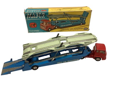 Lot 1877 - Corgi Major diecast Carrimore Car Transporter, No.1105, Ecurie Ecosse Racing Car Transporter, No.1126, Chipperfield's Circus Crane Truck, No.1121 & Animal Cage No.1123, all boxed (poor) (4)<...