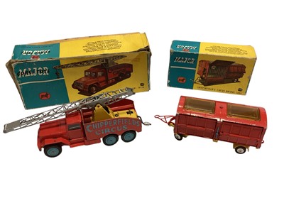 Lot 1877 - Corgi Major diecast Carrimore Car Transporter, No.1105, Ecurie Ecosse Racing Car Transporter, No.1126, Chipperfield's Circus Crane Truck, No.1121 & Animal Cage No.1123, all boxed (poor) (4)<...