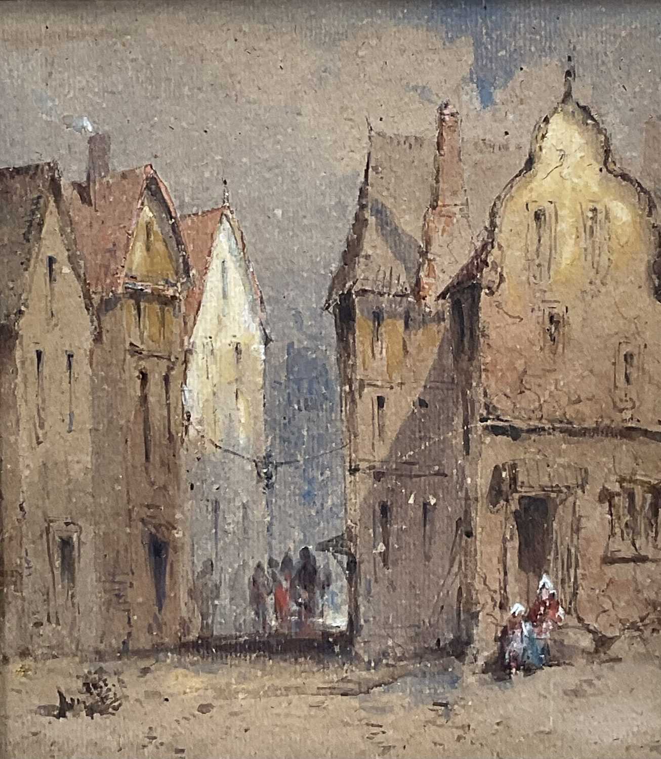 Lot 124 - Manner of Richard Parkes Bonington (1802 – 1828) watercolour on rough wove paper, ‘Street Scene in Normandy’ possibly Abbeville?, 25cm x 22.5cm,inscribed 1828. In glazed gilt frame.
