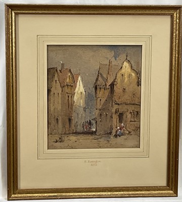 Lot 124 - Manner of Richard Parkes Bonington (1802 – 1828) watercolour on rough wove paper, ‘Street Scene in Normandy’ possibly Abbeville?, 25cm x 22.5cm,inscribed 1828. In glazed gilt frame.