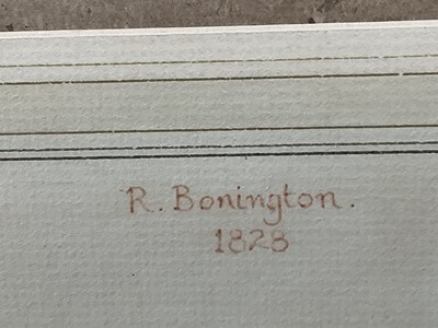 Lot 124 - Manner of Richard Parkes Bonington (1802 – 1828) watercolour on rough wove paper, ‘Street Scene in Normandy’ possibly Abbeville?, 25cm x 22.5cm,inscribed 1828. In glazed gilt frame.