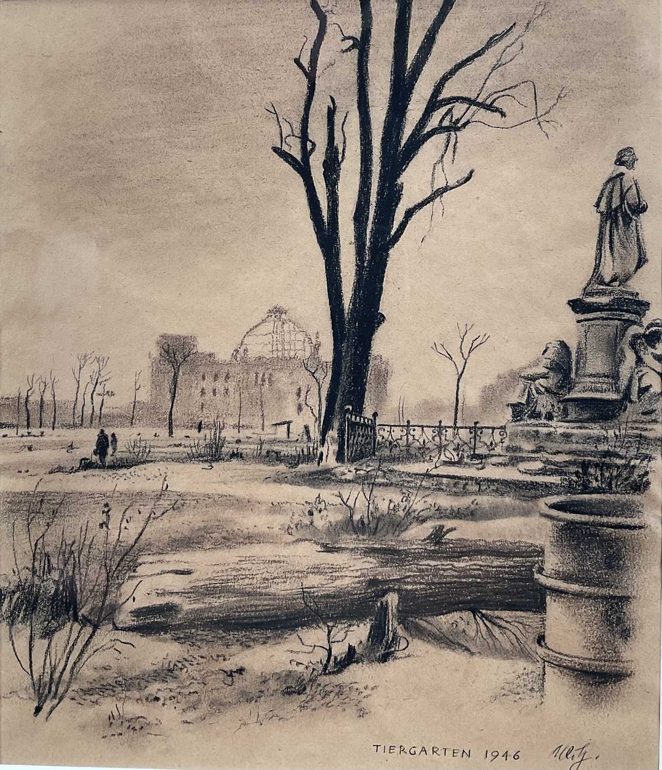 Lot 127 - Continental School (German? dated 1946) charcoal on paper, ‘Tiergarten with ruins of the Reichstag in distance’ (1946), 23cm x 20cm, indistinctly signed with initials, in glazed frame.