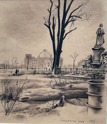 Lot 127 - Continental School (German? dated 1946) charcoal on paper, ‘Tiergarten with ruins of the Reichstag in distance’ (1946), 23cm x 20cm, indistinctly signed with initials, in glazed frame.