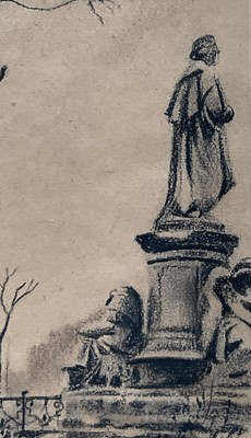 Lot 127 - Continental School (German? dated 1946) charcoal on paper, ‘Tiergarten with ruins of the Reichstag in distance’ (1946), 23cm x 20cm, indistinctly signed with initials, in glazed frame.