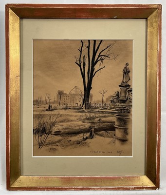 Lot 127 - Continental School (German? dated 1946) charcoal on paper, ‘Tiergarten with ruins of the Reichstag in distance’ (1946), 23cm x 20cm, indistinctly signed with initials, in glazed frame.