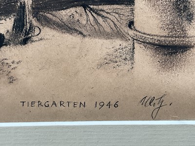 Lot 127 - Continental School (German? dated 1946) charcoal on paper, ‘Tiergarten with ruins of the Reichstag in distance’ (1946), 23cm x 20cm, indistinctly signed with initials, in glazed frame.