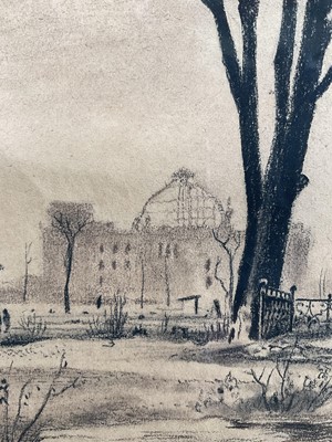 Lot 127 - Continental School (German? dated 1946) charcoal on paper, ‘Tiergarten with ruins of the Reichstag in distance’ (1946), 23cm x 20cm, indistinctly signed with initials, in glazed frame.