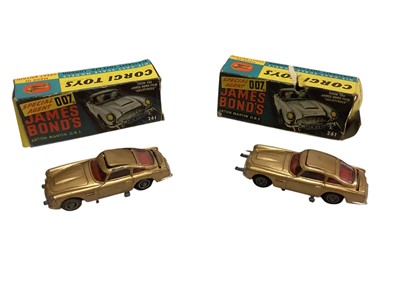 Lot 1880 - Corgi Toys diecast James Bond "Goldfinger" Aston Martin DB5, No.261 (x2), The Green Hornet "Black Beauty", No.268 & "The Saint" Volvo P1800, No.258, all boxed (poor) (4)