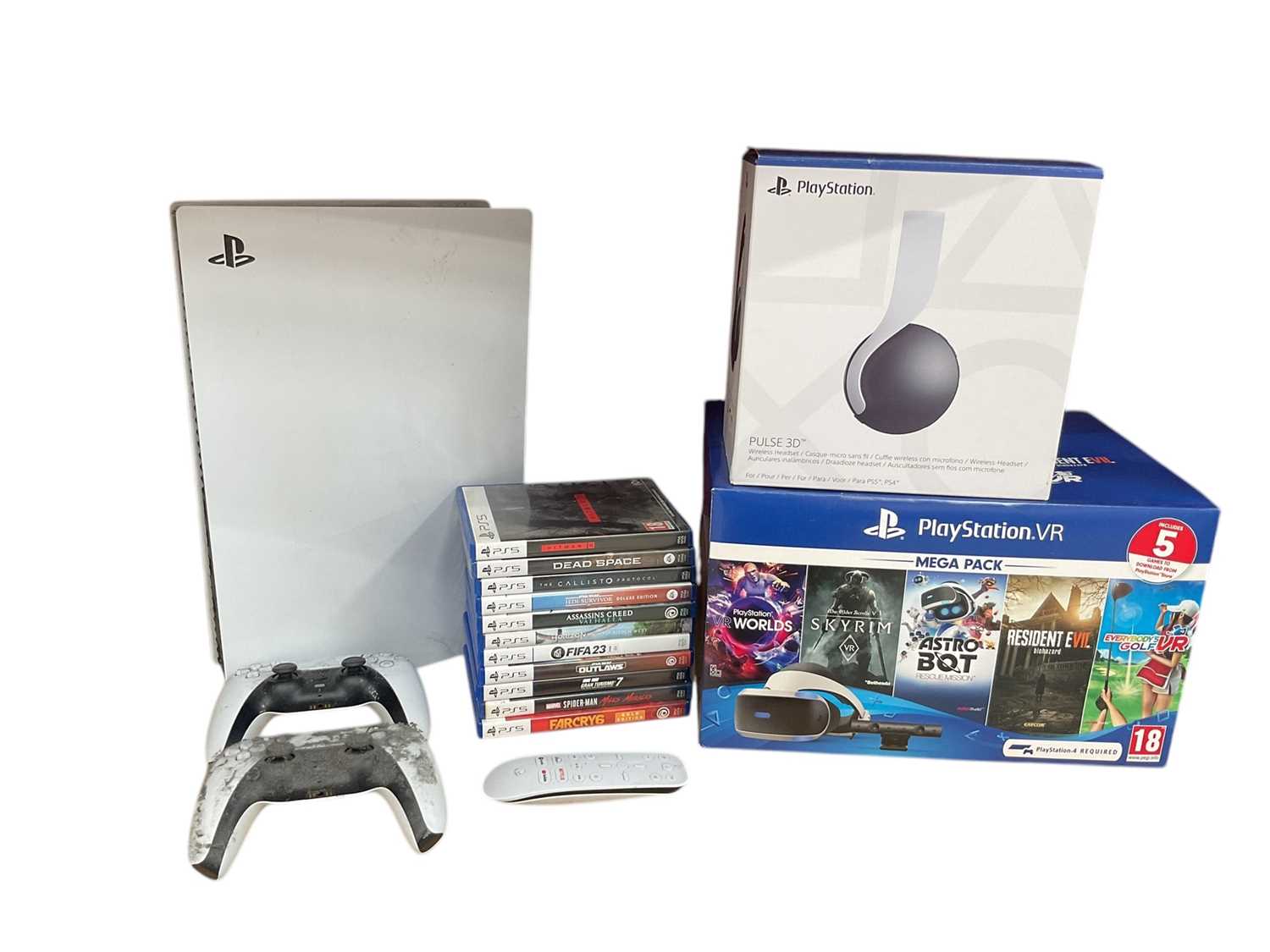 Lot 1983 - Sony PlayStation 5 together with 11 games and two controllers also to include Pulse 3D headset and PlayStation VR
