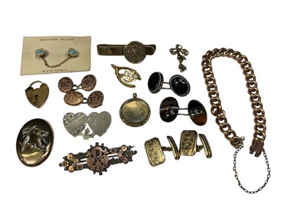 Lot 100 - Group of antique and later jewellery including Victorian silver brooches, gold plated cufflinks, two agate cufflinks, gold plated curb link chain, gilt metal glazed locket, tie clip etc