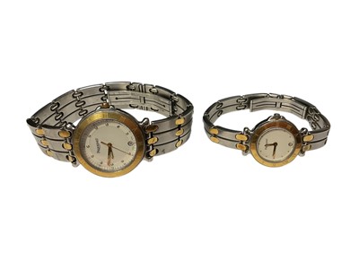 Lot 104 - Pequignet ladies' and gentlemen's bi-metal stainless steel 'Moorea' wristwatches, both with white circular dials, dot markers and date apertures with gilt bezels bearing Roman numerals, 32mm and 2...
