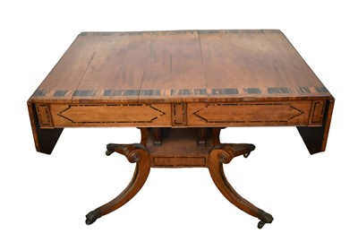 Lot 1537 - George IV mahogany and calamander sofa table with twin frieze drawers, on double lyre central supports and four splayed legs with brass capped castors, 152cm extended