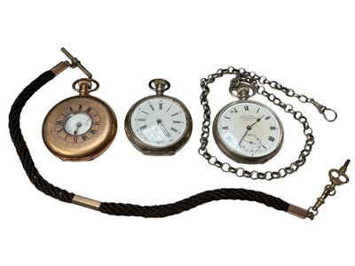 Lot 176 - 1950s silver cased Winegartens pocket watch with a plated chain, white metal pocket watch with glass reverse, gold plated half hunter pocket watch and a Victorian hairwork watch chain