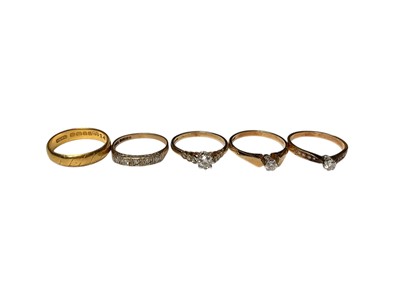 Lot 148 - 22ct gold wedding ring (London 1968), together with 9ct gold five stone half eternity ring and three 9ct gold diamond solitaire rings (5)