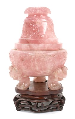 Lot 840 - Chinese carved rose quartz vessel and cover, probably early-mid 20th century, 26cm high