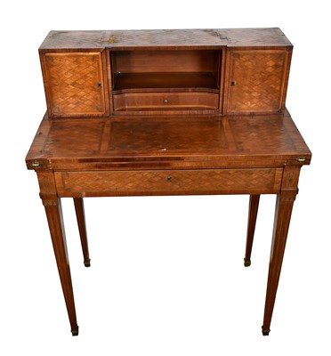 Lot 1384 - Early 19th century parquetry writing desk, with cupboards to the superstructure and fold over top over frieze drawer on square tapered legs, 77cm wide x 43cm deep x 9...