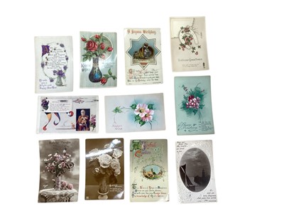 Lot 1411 - Postcards loose in shoebox early cards include cricket, real photographic Panilla native shell game manilla, Hawaiin dancers, Royaly, Hold to Light Christmas, vignettes, Japanese appliqued wood,...