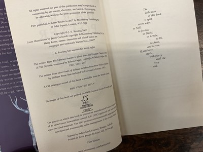 Lot 1689 - Three First Edition Harry Potter books to include the Half-Blood Prince with rare page 99 printing error with the misprint 'eleven owls'. Order of The Phoenix and Deathly Hallows. (3)