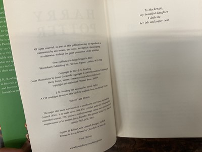 Lot 1689 - Three First Edition Harry Potter books to include the Half-Blood Prince with rare page 99 printing error with the misprint 'eleven owls'. Order of The Phoenix and Deathly Hallows. (3)