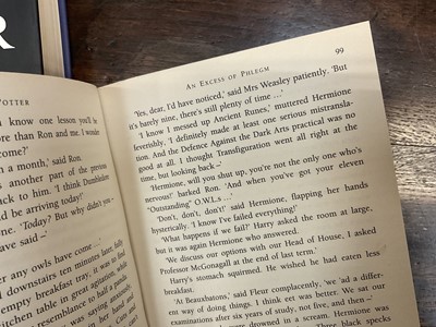 Lot 1689 - Three First Edition Harry Potter books to include the Half-Blood Prince with rare page 99 printing error with the misprint 'eleven owls'. Order of The Phoenix and Deathly Hallows. (3)