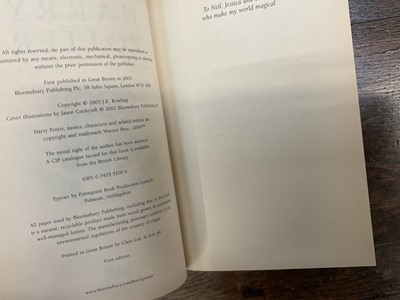 Lot 1689 - Three First Edition Harry Potter books to include the Half-Blood Prince with rare page 99 printing error with the misprint 'eleven owls'. Order of The Phoenix and Deathly Hallows. (3)
