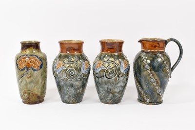 Lot 92 - Pair of Doulton tube lined vases, a Doulton Art Nouveau vase and a jug decorated by Ellen Parsons and Violet Hayward