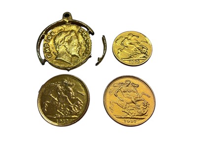 Lot 476 - G.B. - Jewellers copy yellow metal Sovereigns George V x 2 (N.B. With thick flans), a Half Sovereign & one other (4 coins)