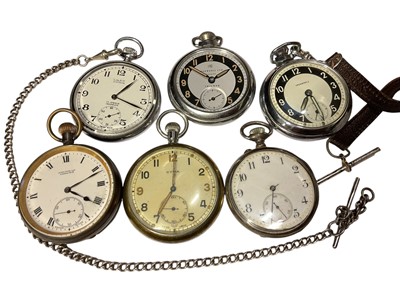 Lot 124 - Cyma British military pocket watch with engraved broad arrow mark, G.S.T.P. T13594, Edwardian silver cased pocket watch and four other vintage pocket watches (6)