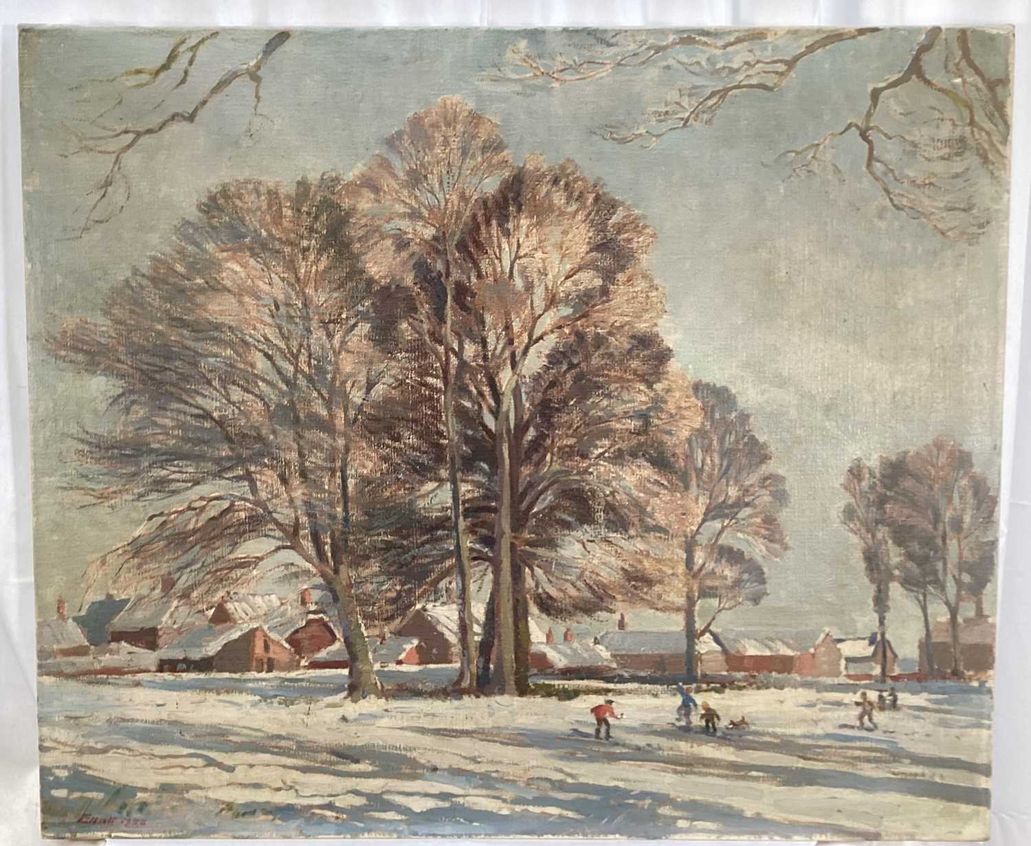 Lot 35 - Mid Century oil on canvas, Snow scene, signed Elliott and dated 1958, 64cm x 76cm, unframed