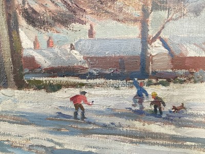 Lot 35 - Mid Century oil on canvas, Snow scene, signed Elliott and dated 1958, 64cm x 76cm, unframed