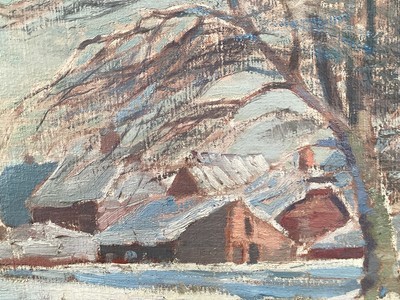 Lot 35 - Mid Century oil on canvas, Snow scene, signed Elliott and dated 1958, 64cm x 76cm, unframed