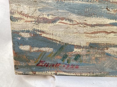 Lot 35 - Mid Century oil on canvas, Snow scene, signed Elliott and dated 1958, 64cm x 76cm, unframed