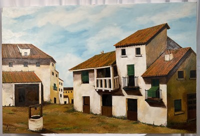 Lot 46 - M. Lamga, oil on canvas, 20th century, Spanish village square with well, signed and dated '75, 81cm x 122cm, unframed