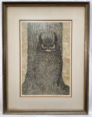 Lot 31 - Yukio Katsuda (Japanese; b. 1941) woodcut print in colours of an Owl, ‘No. 68’, signed and dated ‘73, 94/100, 36cm x 24cm, in glazed frame